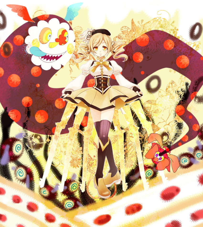 10s, 1girl, bad_id, bad_pixiv_id, beret, blonde_hair, charlotte_(madoka_magica), clothes_lift