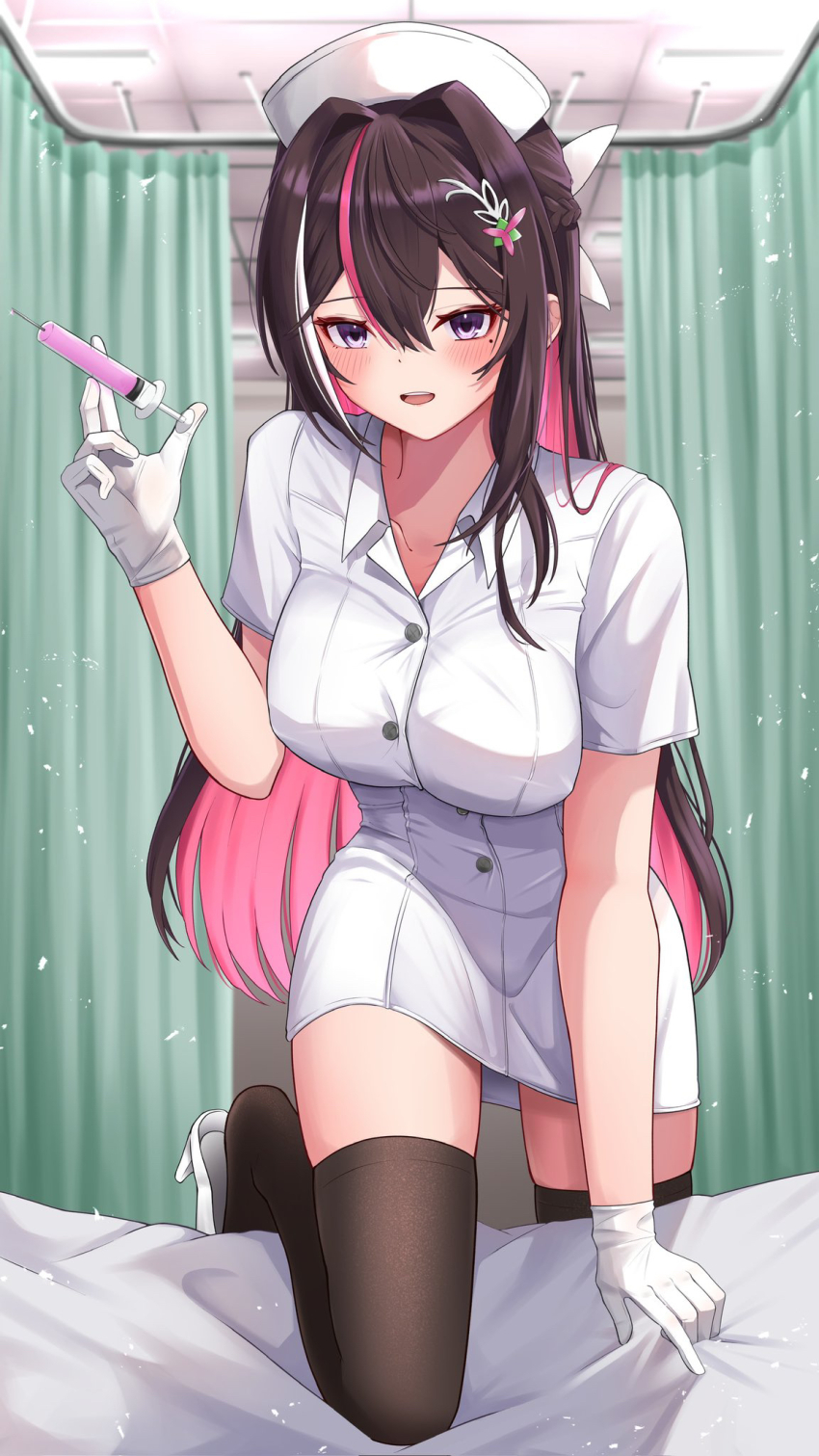 1girl, :d, azki_(hololive), bed_sheet, black_thighhighs, blush, braid, breasts