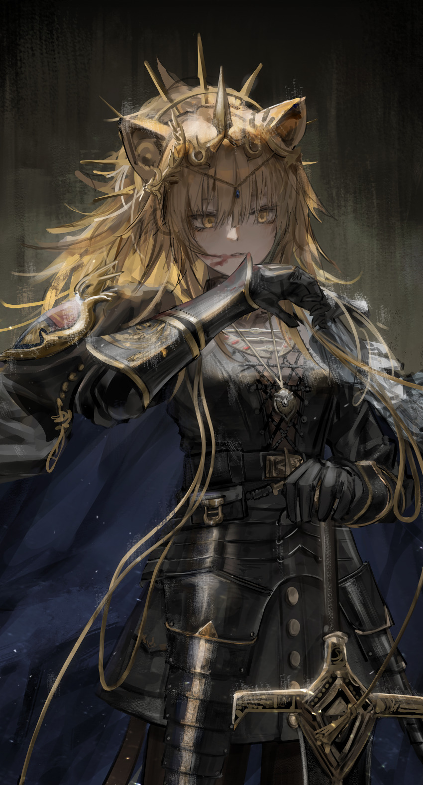 1girl, absurdres, animal_ears, arknights, armor, black_gloves, blonde_hair, blood