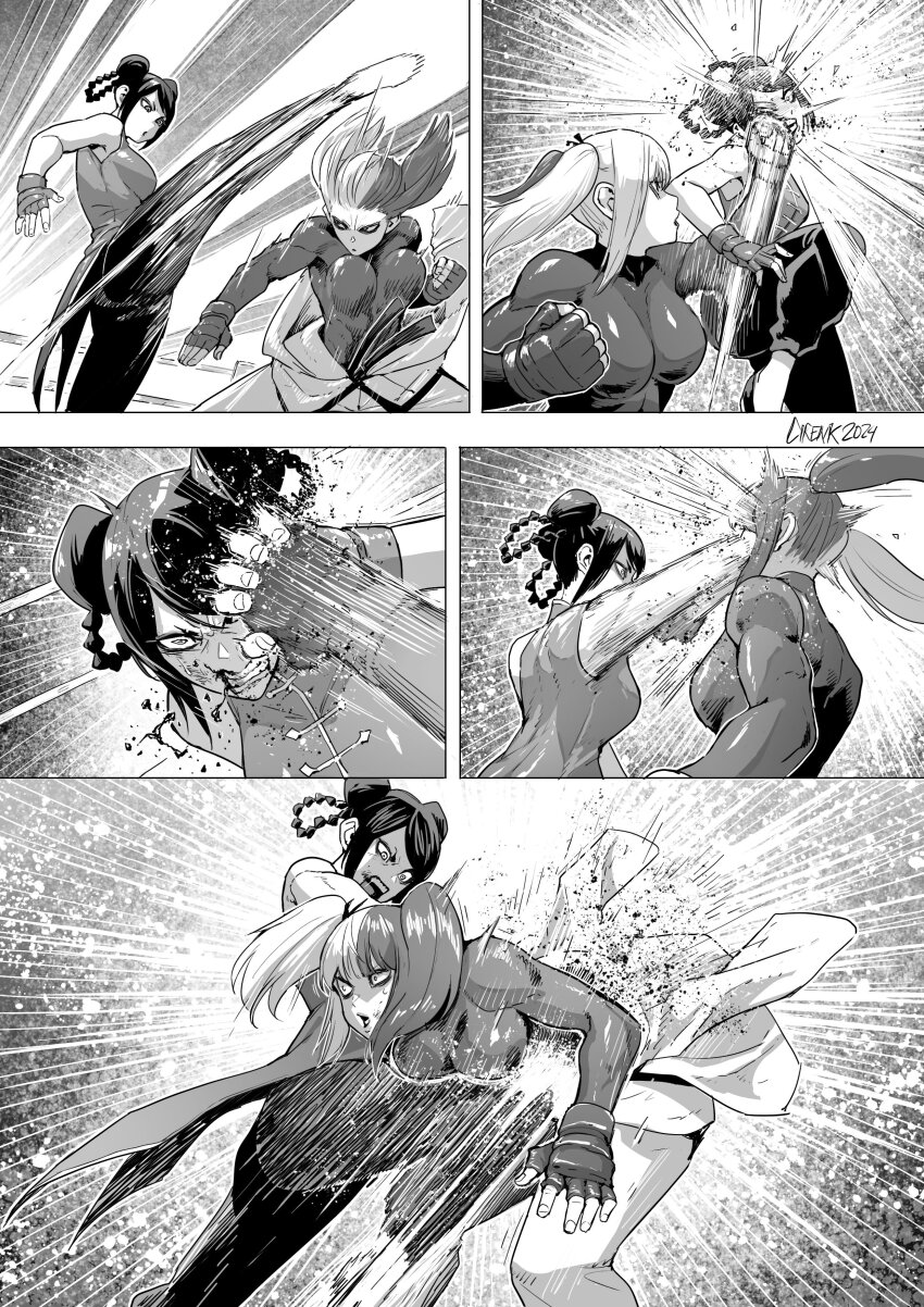 2girls, absurdres, angry, artist_name, black_hair, black_pants, blood, blood_on_face, breasts, china_dress, chinese_clothes, cirenk, commentary, dougi, dress, elbow_strike, english_commentary, face_punch, fighting, fingerless_gloves, gloves, greyscale, hair_bun, highres, in_the_face, isshou_senkin, kicking, medium_breasts, mma_gloves, monochrome, motion_lines, multicolored_hair, multiple_girls, pants, punching, sleeveless, speed_lines, twintails, two-tone_hair, yukihira_sara, yuzuha_lee