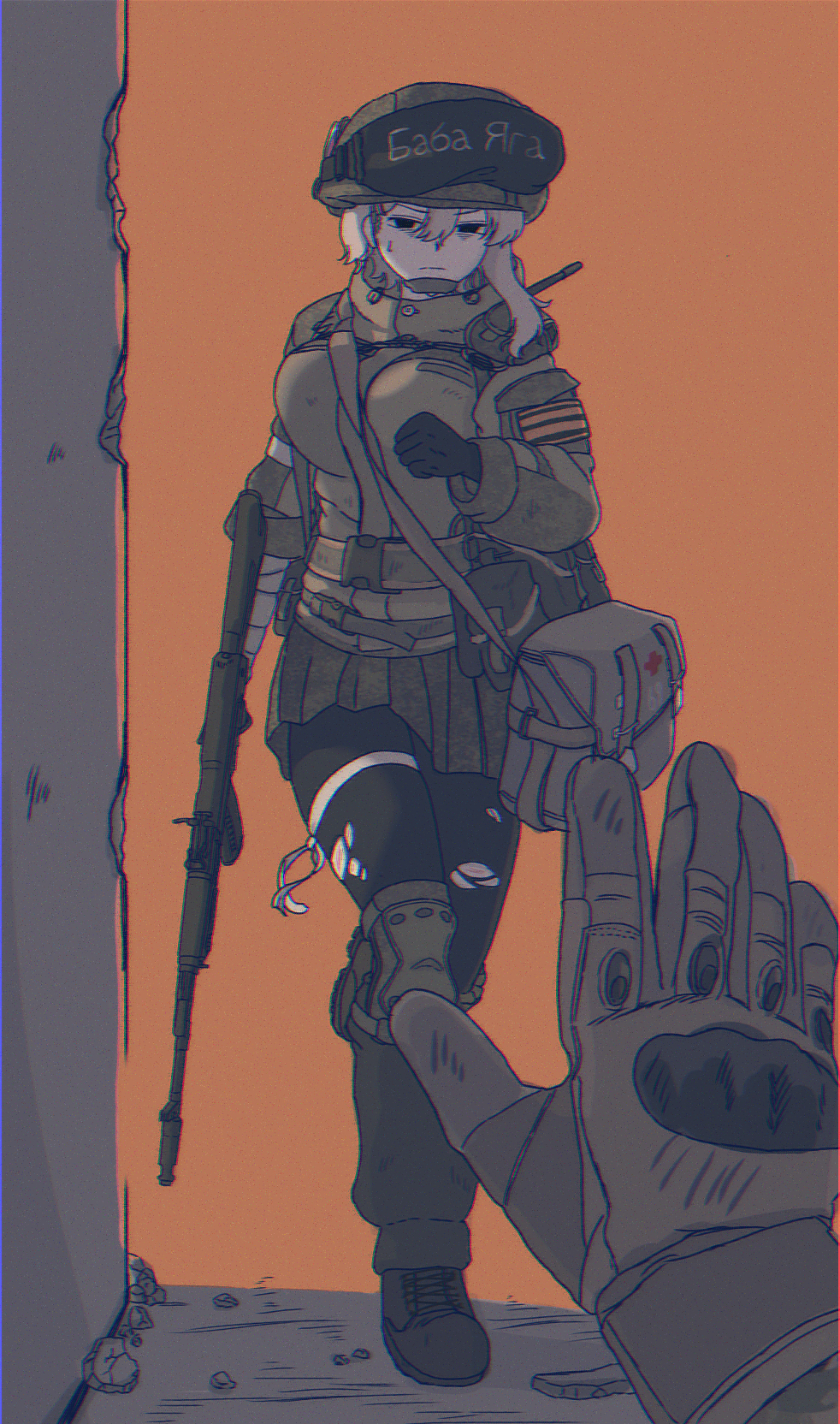 1girl, ak-74m, assault_rifle, b1-517, bandaged_arm, bandages, black_gloves, brown_hair, chinstrap, first_aid_kit, gloves, gun, helmet, highres, kalashnikov_rifle, medic_(b1-517), military_uniform, original, pantyhose, pleated_skirt, pov, pov_hands, ribbon_of_saint_george, rifle, running, russian_ground_forces, side_ponytail, skirt, torn_clothes, torn_pantyhose, weapon