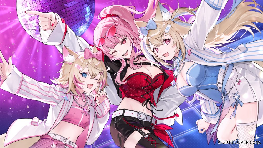 3girls, ;d, animal_ear_fluff, animal_ears, bandaid, bandaid_hair_ornament, bilingual_commentary, black_shorts