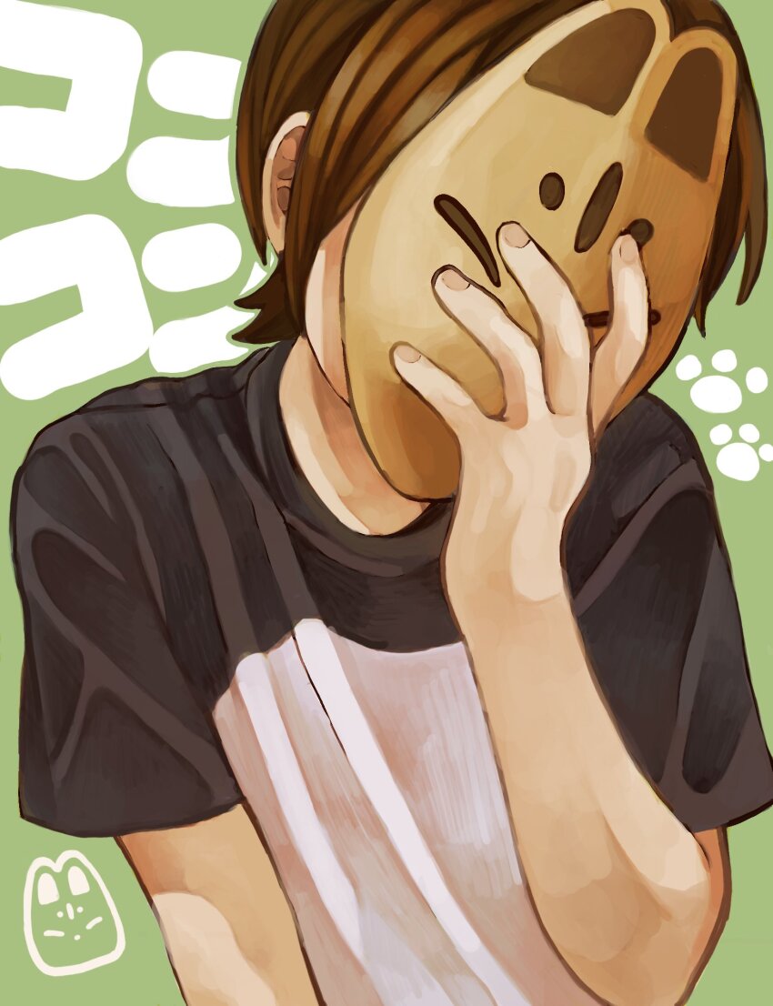 1boy, adjusting_mask, black_sleeves, brown_hair, covered_face, fingernails, fox_mask, green_background