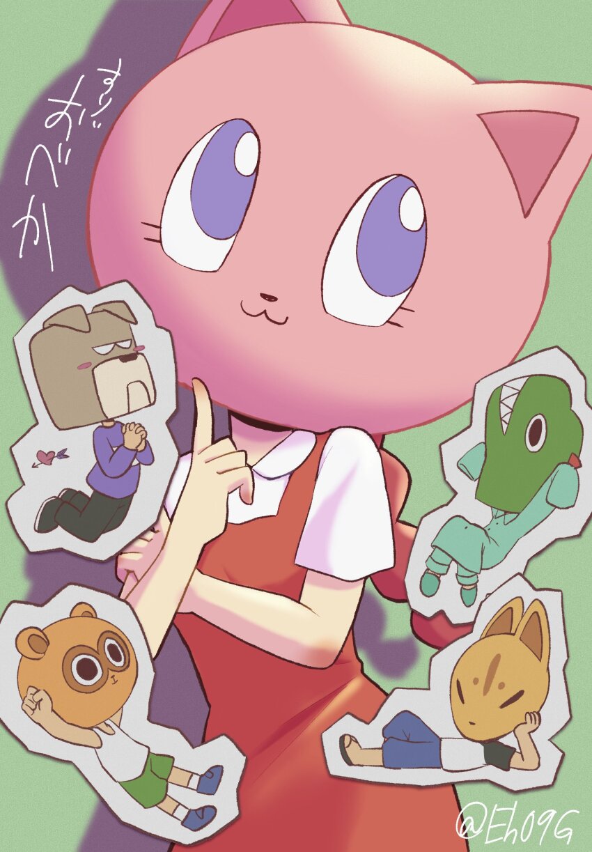 2girls, 3boys, alligator_mask, arrow_through_heart, braid, cat_mask, dog_mask, dress, eh09g, floating, fox_mask, highres, legs_up, long_sleeves, lying, mask, multiple_boys, multiple_girls, obeka_(vocaloid), on_side, pinafore_dress, raglan_sleeves, red_dress, red_hair, shirt, sleeveless, sleeveless_dress, sleeveless_shirt, sleeves_past_fingers, sleeves_past_wrists, song_name, tank_top, tanuki_mask, white_tank_top