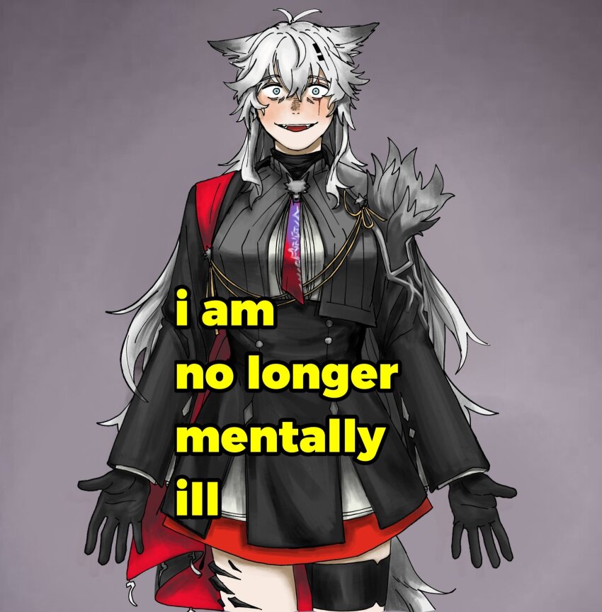 1girl, aiguillette, animal_ear_fluff, animal_ears, arknights, black_gloves, black_jacket, black_skirt, blue_eyes, brooch, cape, cropped_jacket, gloves, gradient_necktie, grey_background, highres, i_am_no_longer_mentally_ill_(meme), jacket, jewelry, lappland_(arknights), lappland_the_decadenza_(arknights), long_hair, material_growth, meme, multicolored_necktie, necktie, oripathy_lesion_(arknights), rakkoonpo, red_cape, scar, scar_across_eye, scar_on_face, single_shoulder_pad, skirt, solo, tail, thigh_strap, two-tone_necktie, white_hair, wolf_brooch, wolf_ears, wolf_girl, wolf_tail