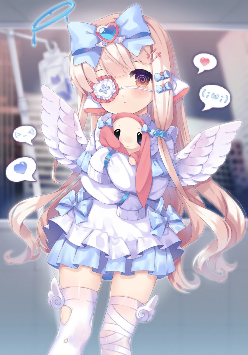 1girl, @_@, angel_wings, apron, blonde_hair, blue_bow, blue_halo, blue_skirt, blurry, blurry_background, blush, bow, c0mfortcha1n, chii, chobits, closed_mouth, cross_hair_ornament, dot_nose, eyepatch, fake_halo, fake_wings, feathered_wings, frilled_eyepatch, hair_between_eyes, hair_bow, hair_ornament, halo, highres, humanoid_robot, jersey_maid, long_hair, long_sleeves, looking_at_viewer, maid, medical_eyepatch, orange_eyes, over-kneehighs, persocom, puffy_sleeves, rabbit, robot, robot_ears, sidelocks, skirt, sleeves_past_fingers, sleeves_past_wrists, socks, solo, speech_bubble, straight_hair, tearing_up, tenshi_kaiwai, thighhighs, unconventional_maid, white_apron, white_socks, white_wings, wings