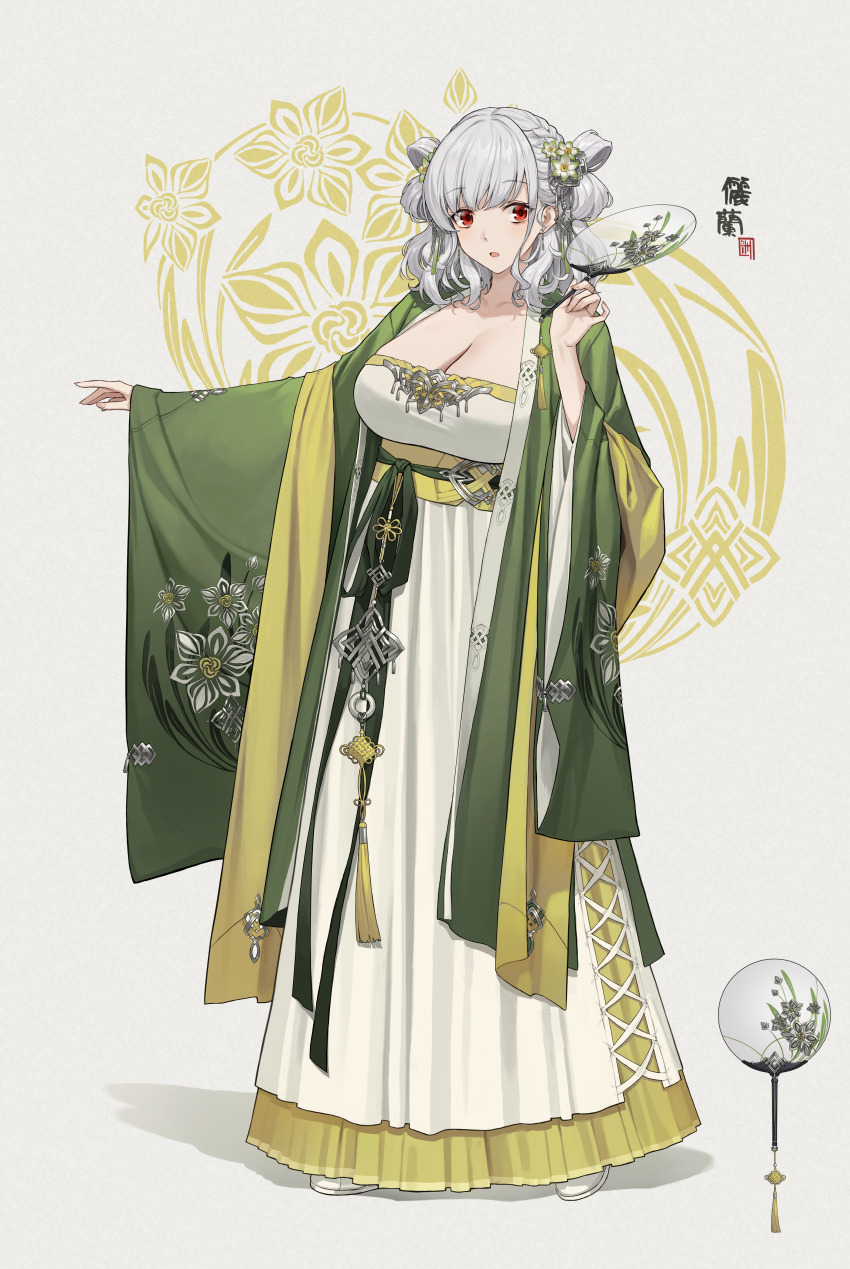 1girl, absurdres, alternate_costume, alternate_hairstyle, breasts, chinese_clothes, chinese_commentary, chinese_knot, cleavage, commentary_request, dress, flower, full_body, girls'_frontline, green_jacket, green_sash, hair_flower, hair_ornament, hand_fan, hanfu, highres, holding, holding_fan, jacket, looking_at_viewer, open_mouth, panchang_knot, paper_fan, red_eyes, sash, simple_background, skirt, solo, spas-12_(girls'_frontline), standing, terras, waist_sash, white_dress, white_footwear, white_hair, wide_sleeves, yaopei, yellow_skirt