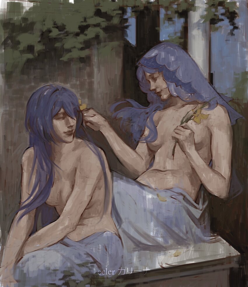 2girls, acheron_(honkai:_star_rail), black_swan_(honkai:_star_rail), blue_hair, breasts, ecler_ecler, highres, honkai:_star_rail, honkai_(series), long_hair, multiple_girls, navel, outdoors, sitting, smile, topless_female, tree, veil, yuri