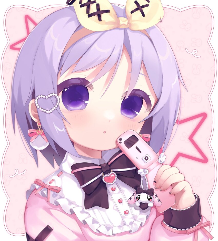 1girl, black_bow, bow, c0mfortcha1n, cellphone, choppy_bangs, collared_shirt, earrings, flip_phone, hair_between_eyes, hair_bow, hair_ornament, heart, heart_hair_ornament, highres, hiiragi_tsukasa, holding, holding_phone, jewelry, jirai_kei, light_blush, long_sleeves, looking_at_viewer, lucky_star, parted_lips, pearl_hair_ornament, phone, pink_background, pink_ribbon, pink_shirt, portrait, puffy_long_sleeves, puffy_sleeves, purple_eyes, purple_hair, ribbon, shirt, short_hair, sleeves_past_wrists, solo, star_(symbol), tareme, two-tone_background, white_background, yellow_bow