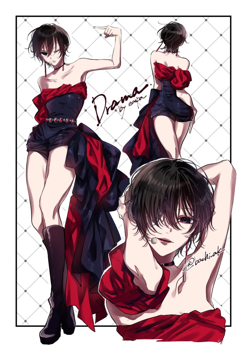 1girl, akanashi_(bachi_ak), argyle_background, armpits, arms_behind_head, bare_shoulders, black_choker, black_eyes