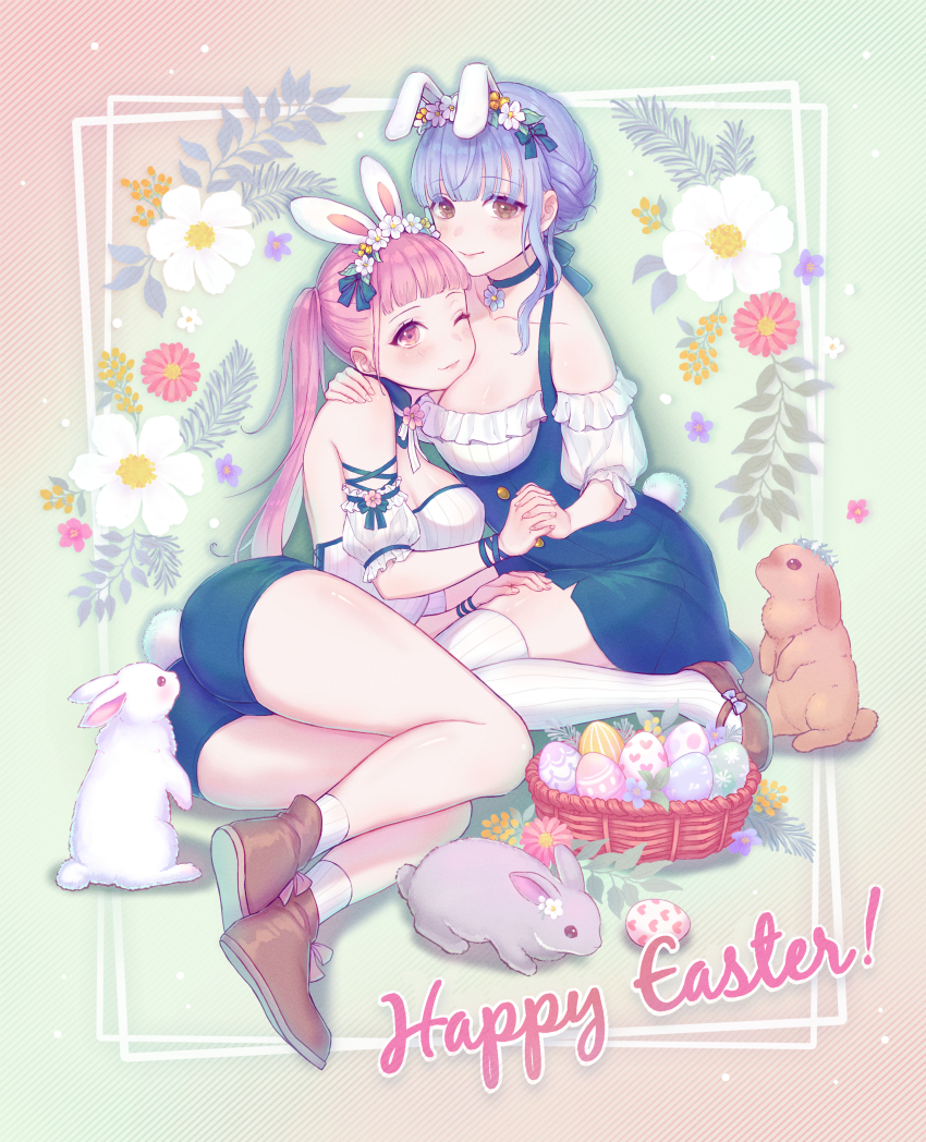 2girls, absurdres, alternate_costume, animal_ears, ass, basket, blue_hair, bow