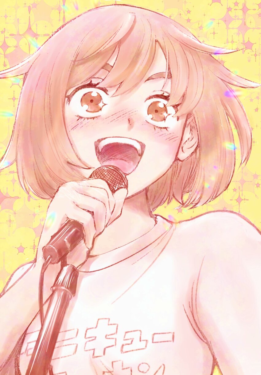 1girl, blush, bob_cut, brown_eyes, commentary_request, futsuu_no_keion-bu, goekakisan_(adelma), highres