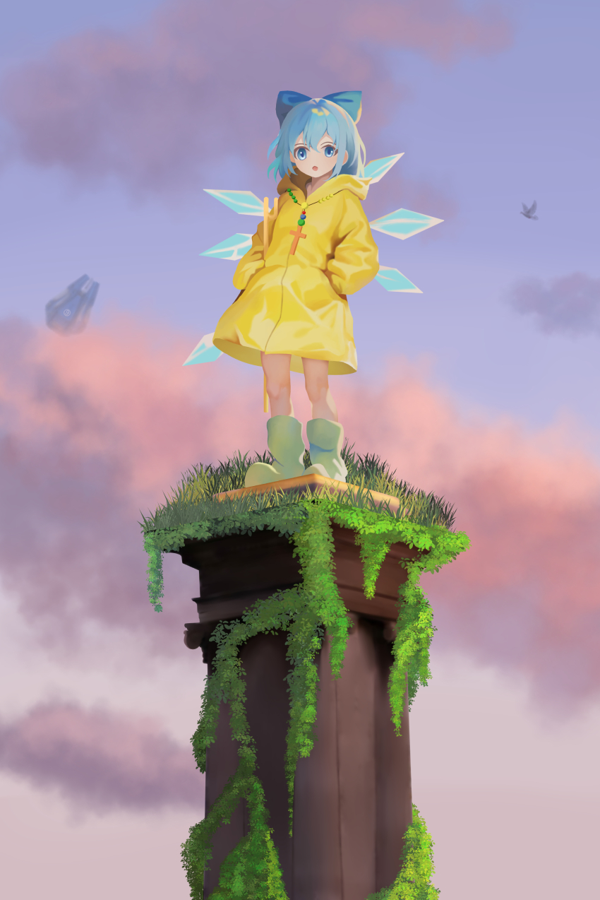 1girl, absurdres, bead_necklace, beads, blue_bow, blue_eyes, blue_hair, boots