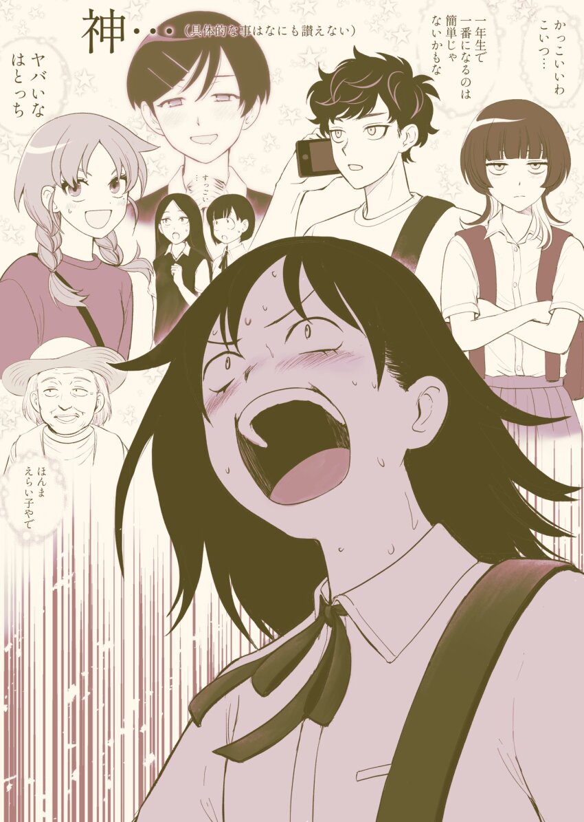 1boy, 6+girls, :d, :o, blunt_bangs, blush, braid, breast_pocket