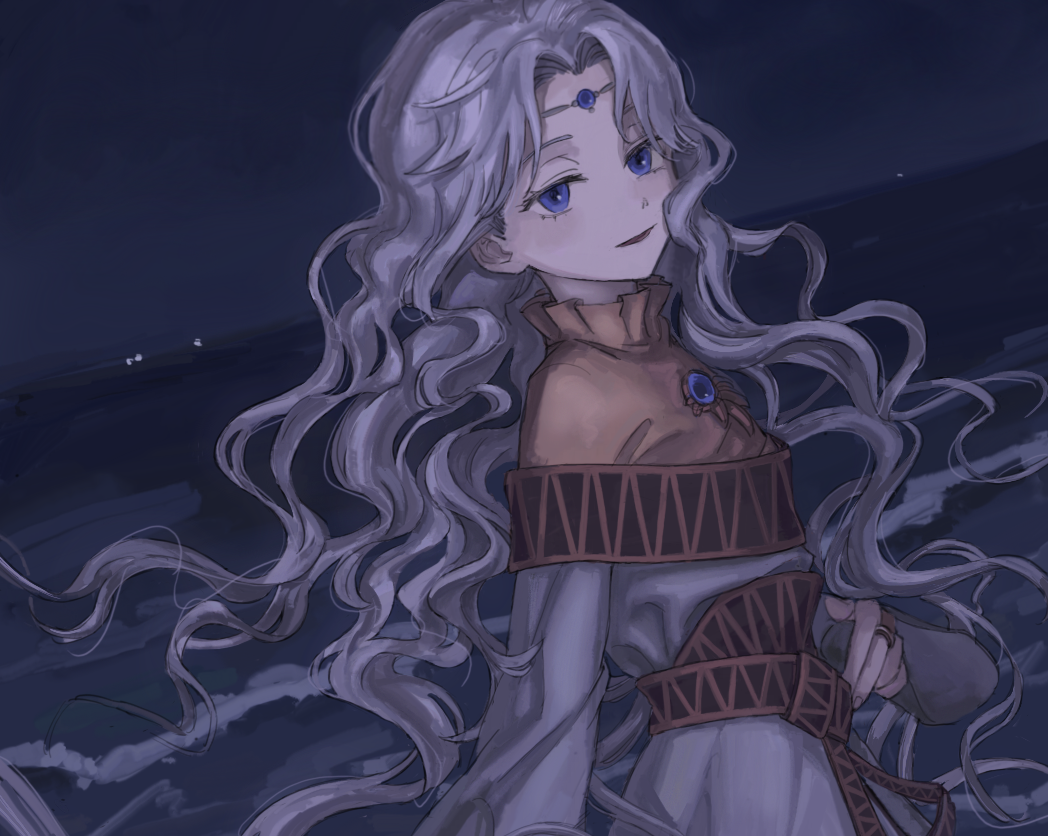 1girl, blue_eyes, circlet, commentary, eyelashes, fire_emblem, fire_emblem:_thracia_776, grey_hair