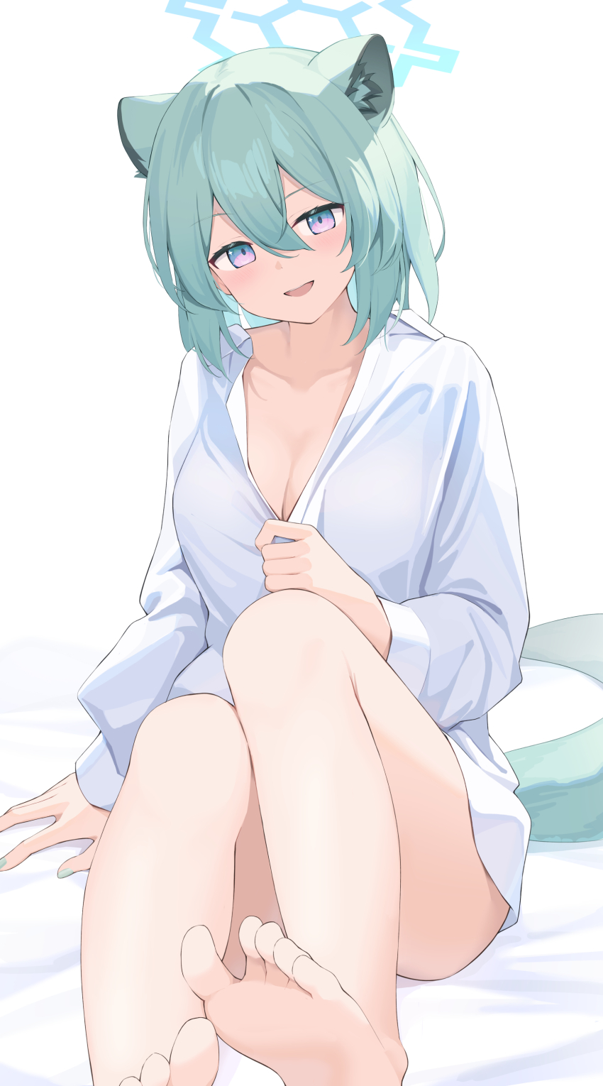 1girl, :d, absurdres, animal_ear_fluff, animal_ears, arm_at_side, bare_legs, barefoot