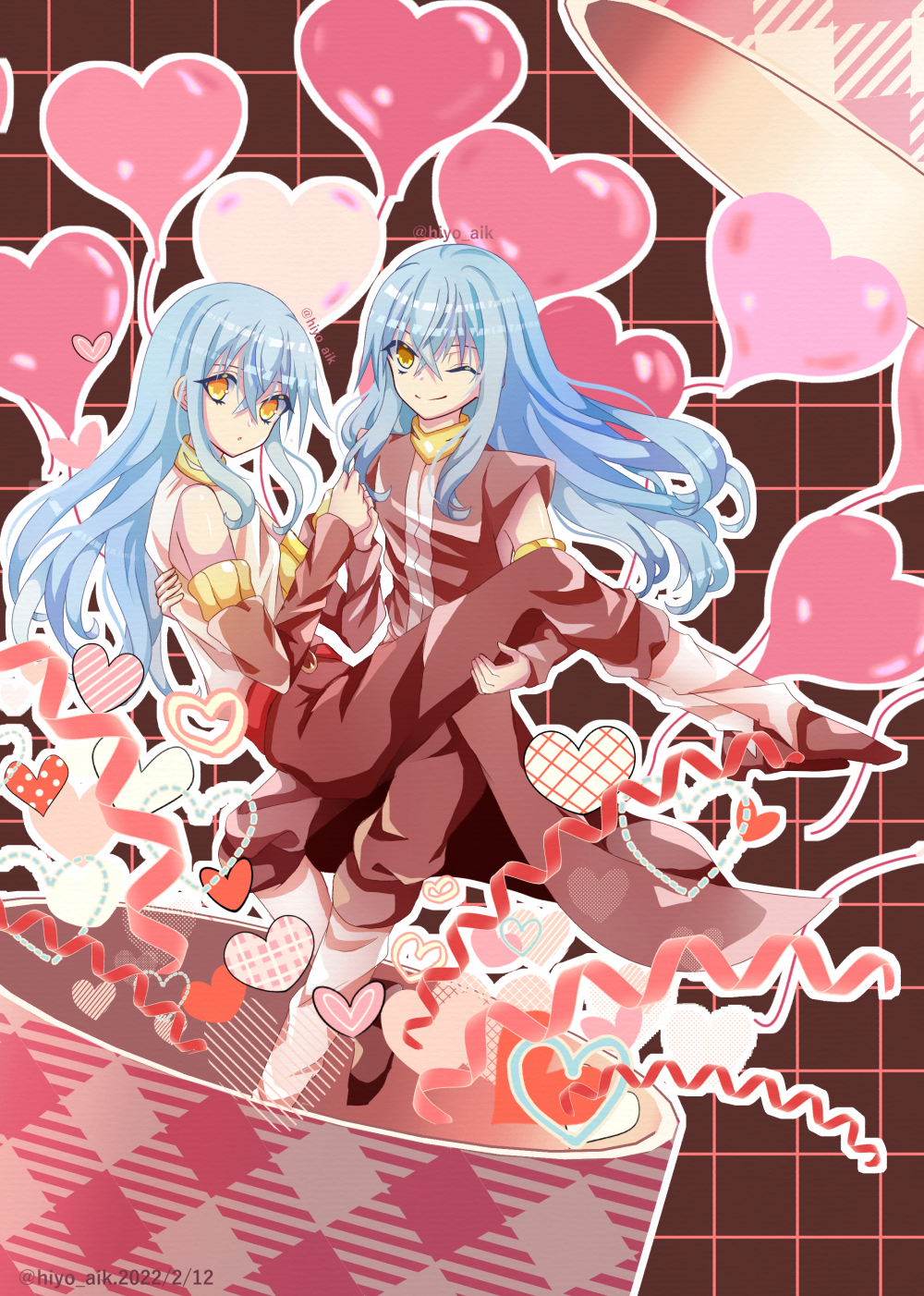 2others, black_jacket, black_pants, blue_hair, carrying, ciel_(tensura), highres, hiyo_(monstarpinkcat)