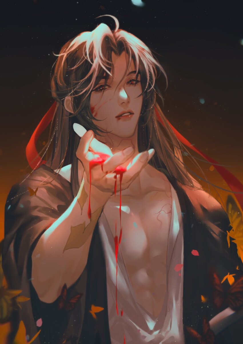 1boy, ahoge, black_hair, black_hanfu, blood, blood_drip, blood_on_face, blood_on_hands