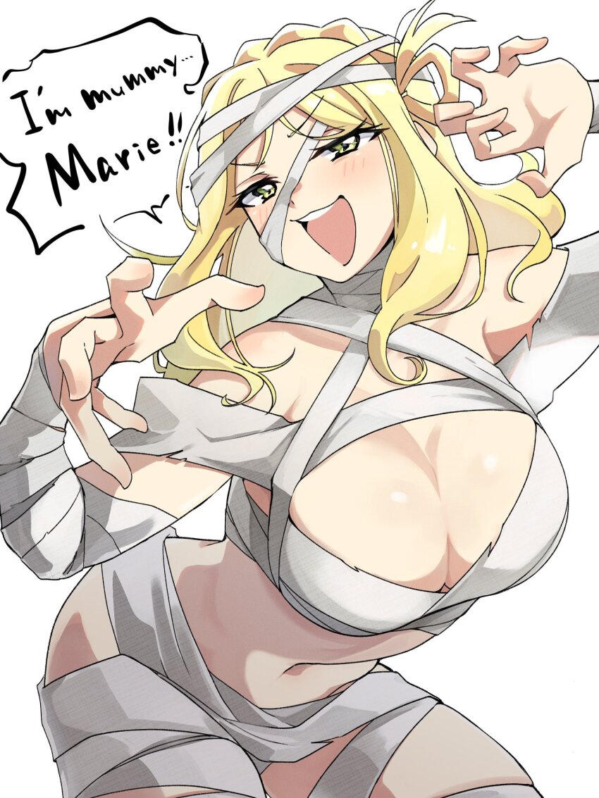 1girl, :d, akira_hjk, bandaged_arm, bandages, blonde_hair, breasts, budget_sarashi