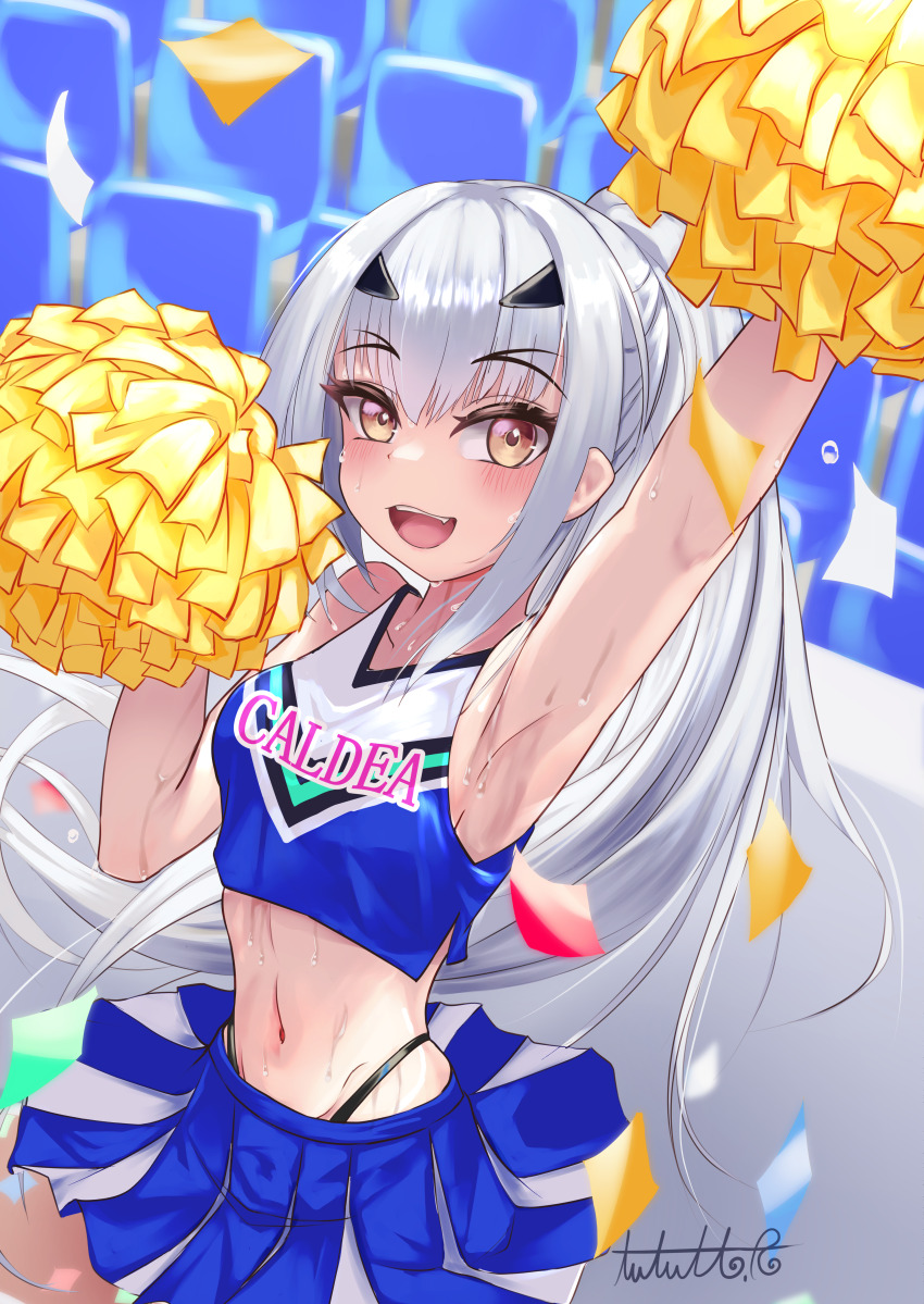 1girl, absurdres, armpits, bare_shoulders, blush, breasts, brown_eyes, cheerleader