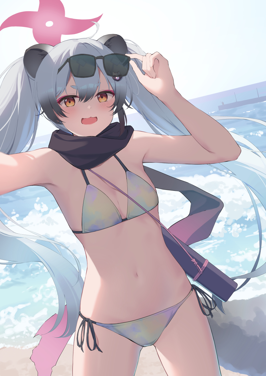 1girl, :3, absurdres, adjusting_eyewear, alternate_costume, animal_ears, bikini, black_scarf