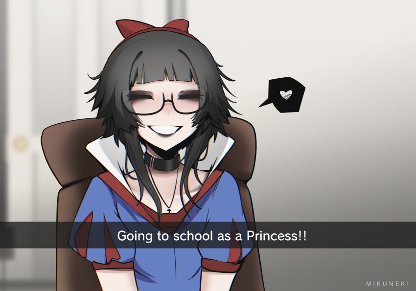 1girl, ^_^, absurdres, black-framed_eyewear, black_choker, black_hair, blue_shirt, choker