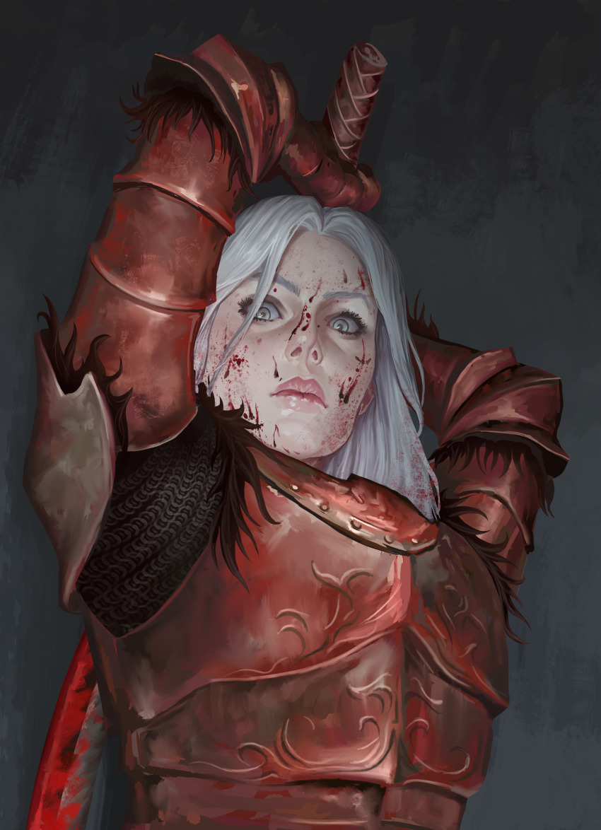 1girl, absurdres, armor, chainmail, elden_ring, elden_ring:_shadow_of_the_erdtree, fur_trim, gauntlets, grey_eyes, highres, indigojrps, knight, looking_at_viewer, looking_down, ootachi, plate_armor, rakshasa_(elden_ring), red_armor, solo, sword, weapon, white_hair