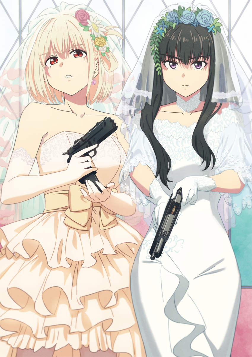 2girls, angry, asada7101, black_hair, blonde_hair, blue_flower, dress, expressionless