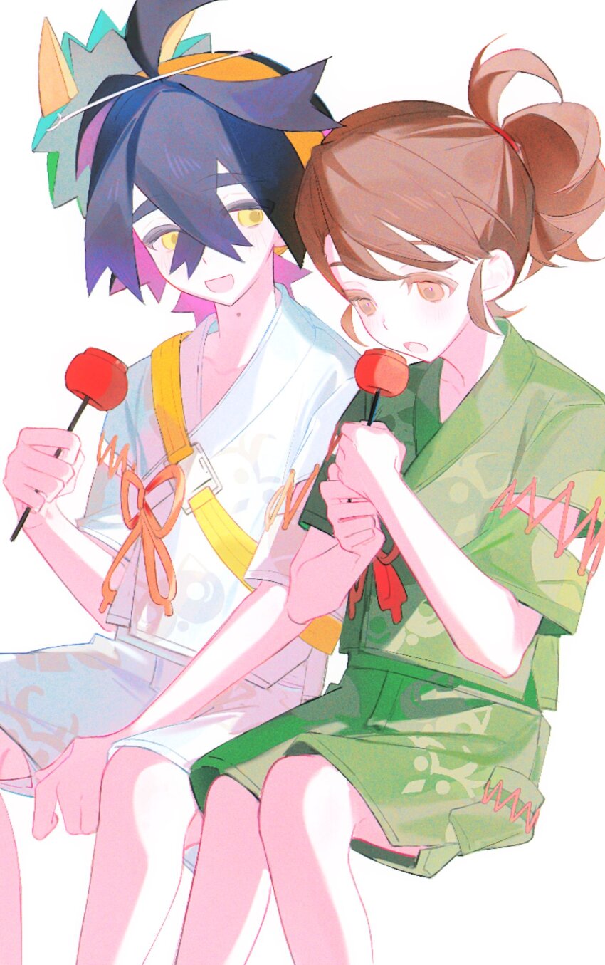 1boy, 1girl, black_hair, blush, brown_eyes, brown_hair, candy_apple, crossed_bangs