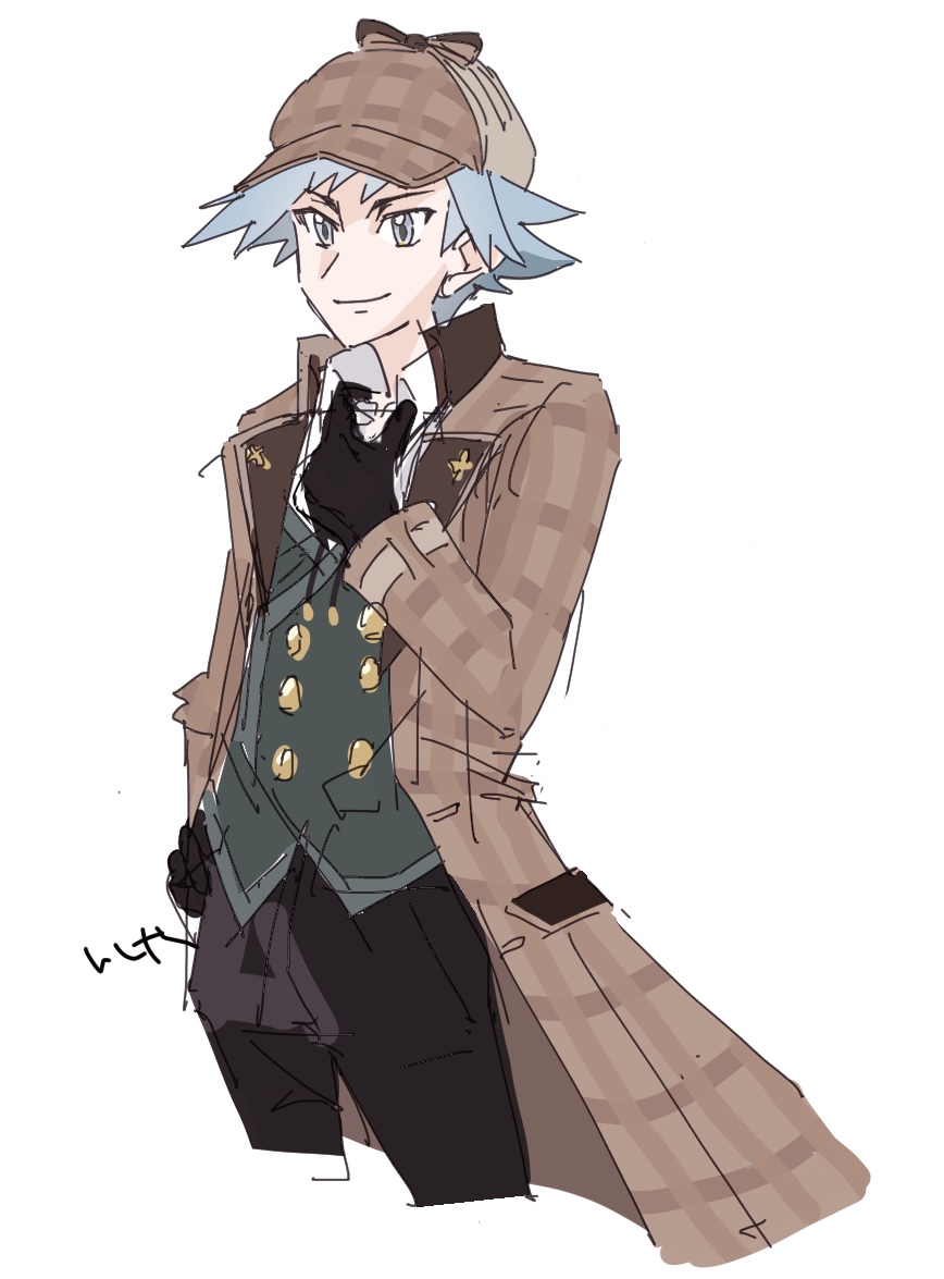 1boy, 6l226, black_gloves, black_pants, blue_hair, closed_mouth, gloves, grey_eyes