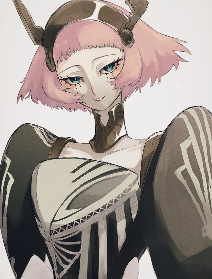 1girl, blue_eyes, blunt_bangs, blush, eyelashes, grey_background, hairband, hashtag-only_commentary, highres, jewelry, looking_at_viewer, makeup, metal_hairband, metaphor:_refantazio, neck_ring, parted_lips, pink_hair, pmo_qs, rella_(metaphor:_refantazio), short_hair, simple_background, solo, upper_body, winged_hairband