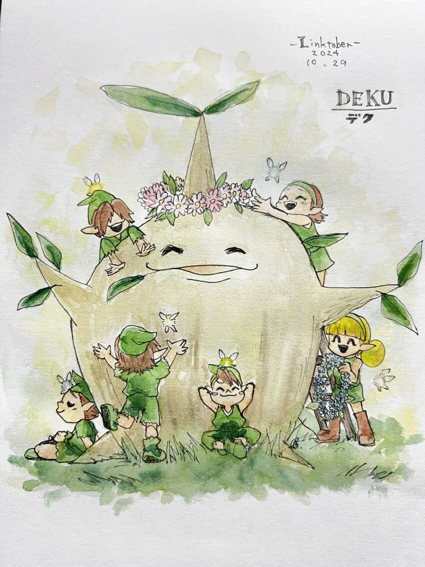 2girls, 4boys, arms_up, blonde_hair, blush_stickers, boots, brothers_(zelda), brown_hair