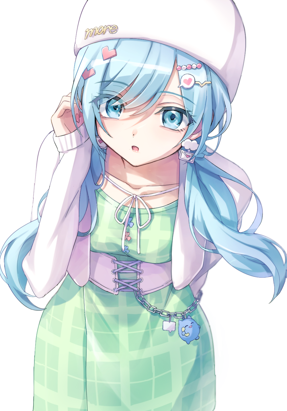1girl, blue_eyes, blue_hair, collarbone, dress, earrings, green_dress, hair_ornament