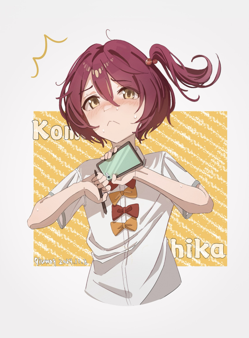 1girl, absurdres, artist_name, blush, bow, cellphone, character_name, frown