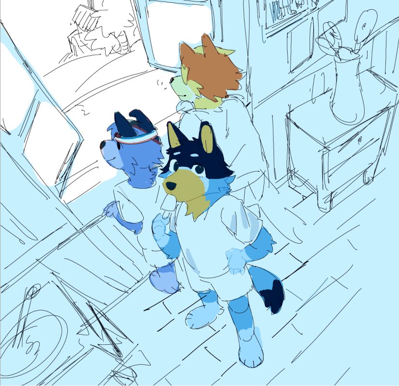 3boys, artxtcy111, bandit_heeler, bluey, food, food_in_mouth, furry, holding, holding_food, holding_popsicle, looking_at_viewer, looking_outside, multiple_boys, popsicle, popsicle_in_mouth, radley_heeler, smile, stripe_heeler, vase, window