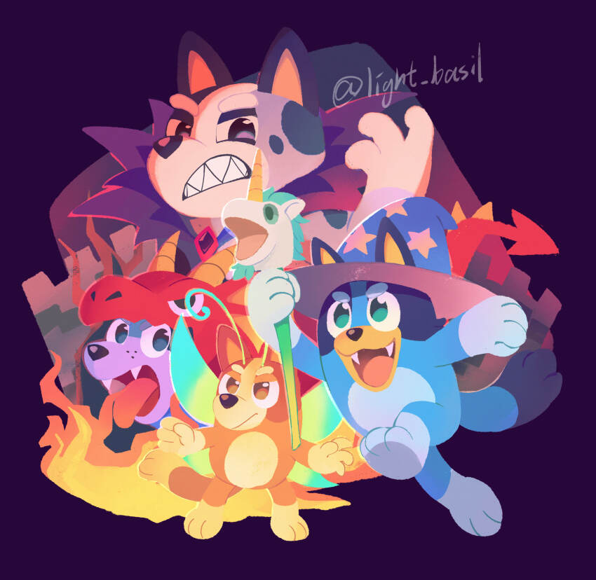 4girls, absurdres, animal_costume, bingo_heeler, bluey, bluey_heeler, brick_st, butterfly_costume, dragon_costume, fire, furry, hat, highres, muffin_heeler, multiple_girls, signature, socks_heeler, twitter_username, unicorse_(bluey), vampire_costume, witch_hat