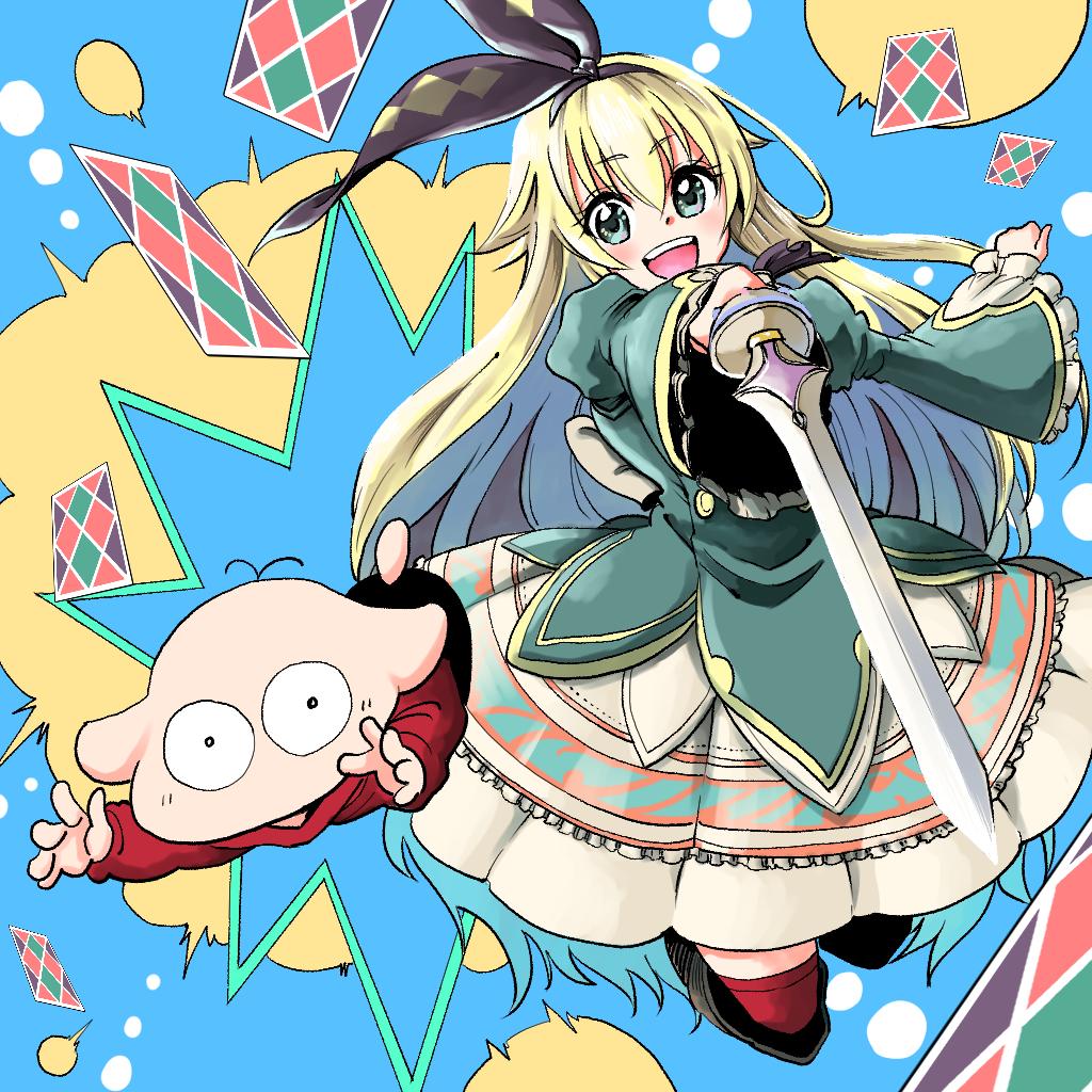 1boy, 1girl, alice_(grimms_echoes), atou_rie, black_hairband, blonde_hair, blue_dress, blue_eyes