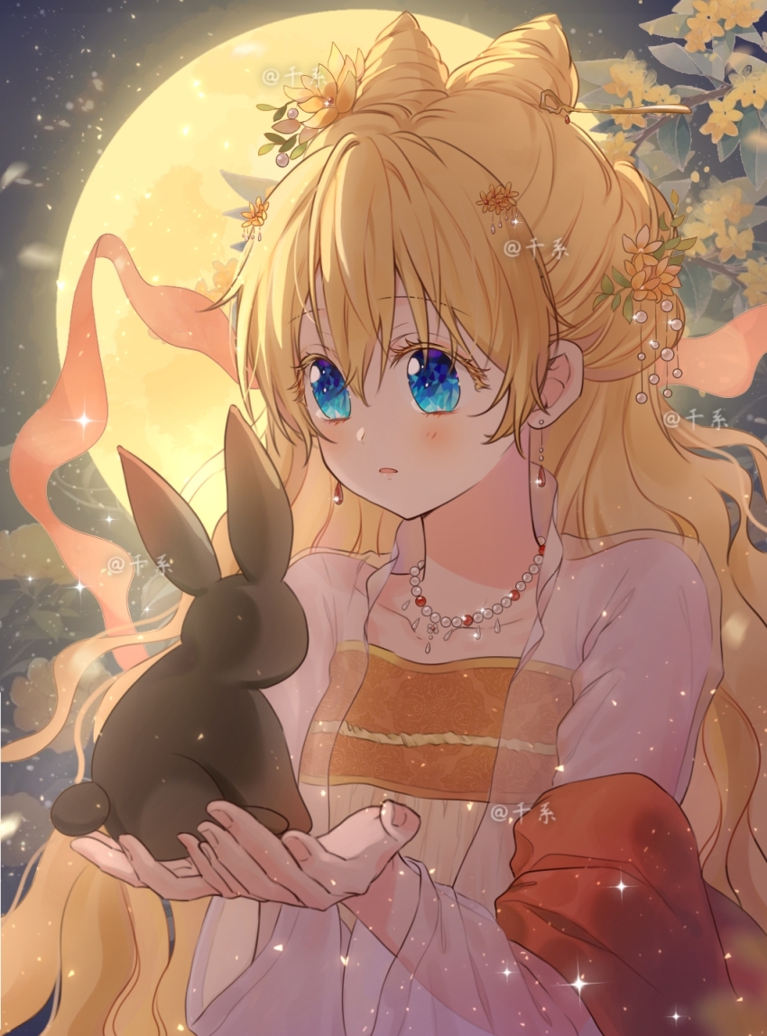 1girl, alternate_costume, animal, artist_name, athanasia_de_alger_obelia, blonde_hair, blue_eyes, bow-shaped_hair