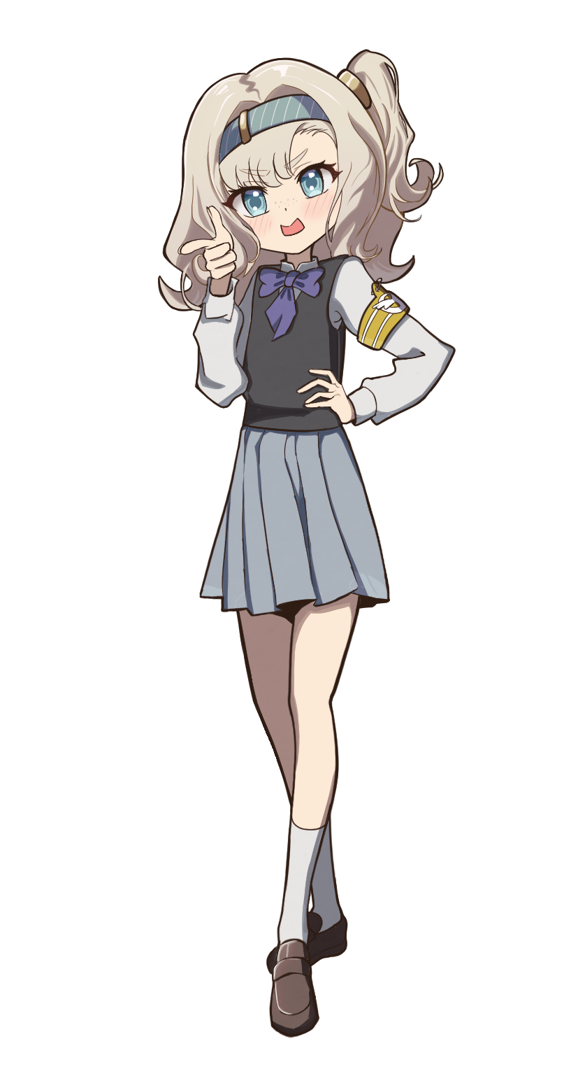 armband, black_vest, blue_eyes, blue_hairband, blue_skirt, bow, bowtie, brown_shoes, collared_shirt, finger_gun, freckles, grey_hair, hairband, hand_on_own_hip, hand_up, highres, loafers, looking_at_viewer, matilda_bouanich, medium_hair, miniskirt, one_side_up, open_mouth, pleated_skirt, pointing, pointing_at_viewer, purple_bow, purple_bowtie, reverse:1999, school_uniform, shirt, shoes, skirt, socks, standing, thiepriest, v-shaped_eyebrows, vest, white_shirt, white_socks, yellow_armband