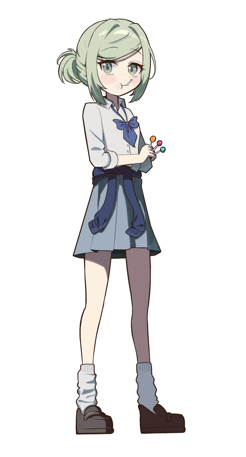 1girl, :t, between_fingers, black_shoes, blue_bow, blue_bowtie, blue_skirt, bow