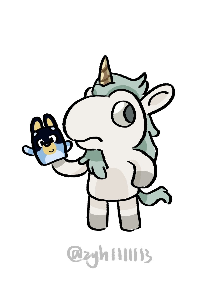 artist_name, bandit_heeler, bandit_heeler_(cosplay), bluey, cosplay, furry, highres, looking_at_viewer, looking_to_the_side, parody, unicorn, unicorse_(bluey), white_background, zyh1111113