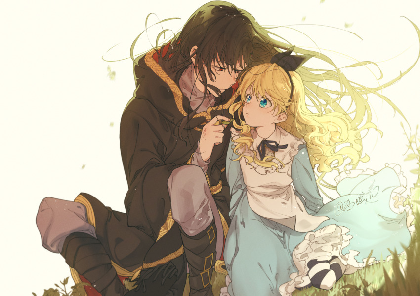 1boy, 1girl, athanasia_de_alger_obelia, black_cloak, black_footwear, black_hair, black_hairband, black_hood