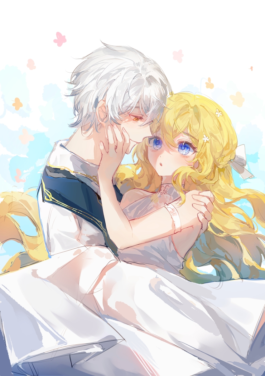 1boy, 1girl, :o, absurdres, athanasia_de_alger_obelia, bare_shoulders, blonde_hair, blue_eyes, carrying, carrying_person, chinese_commentary, commentary_request, dress, flower, halter_dress, halterneck, hand_on_another's_face, hand_on_another's_shoulder, hetero, highres, ijekiel_alpheus, long_hair, looking_at_another, open_mouth, very_long_hair, white_dress, white_hair, who_made_me_a_princess, yalisangneishen, yellow_eyes