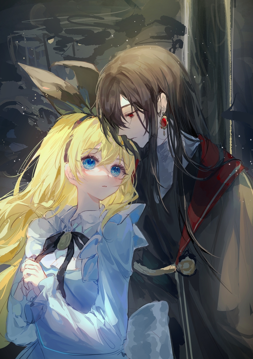 1boy, 1girl, absurdres, athanasia_de_alger_obelia, black_coat, black_hair, black_hairband, black_shirt