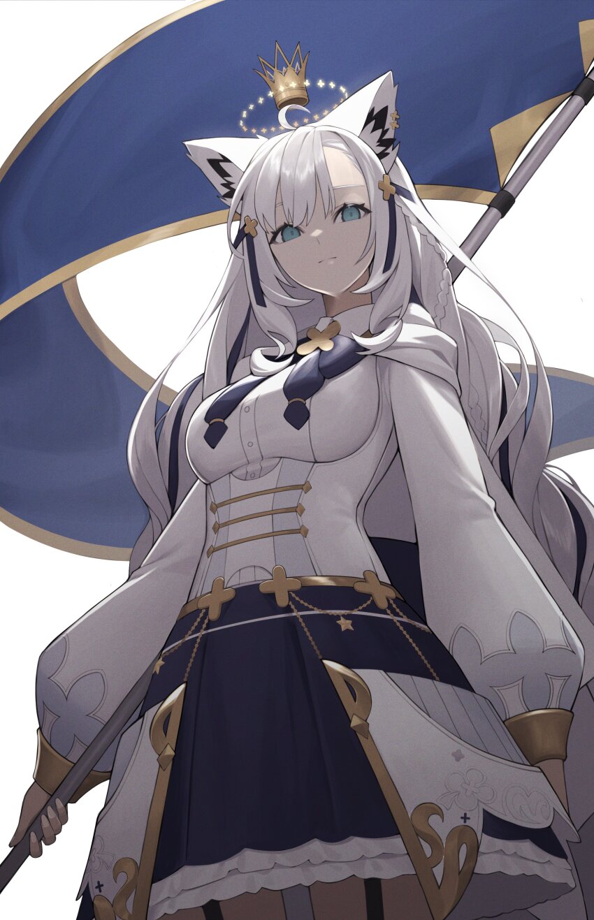 1girl, absurdres, ahoge, animal_ear_fluff, animal_ear_piercing, animal_ears, aqua_eyes, back_bow