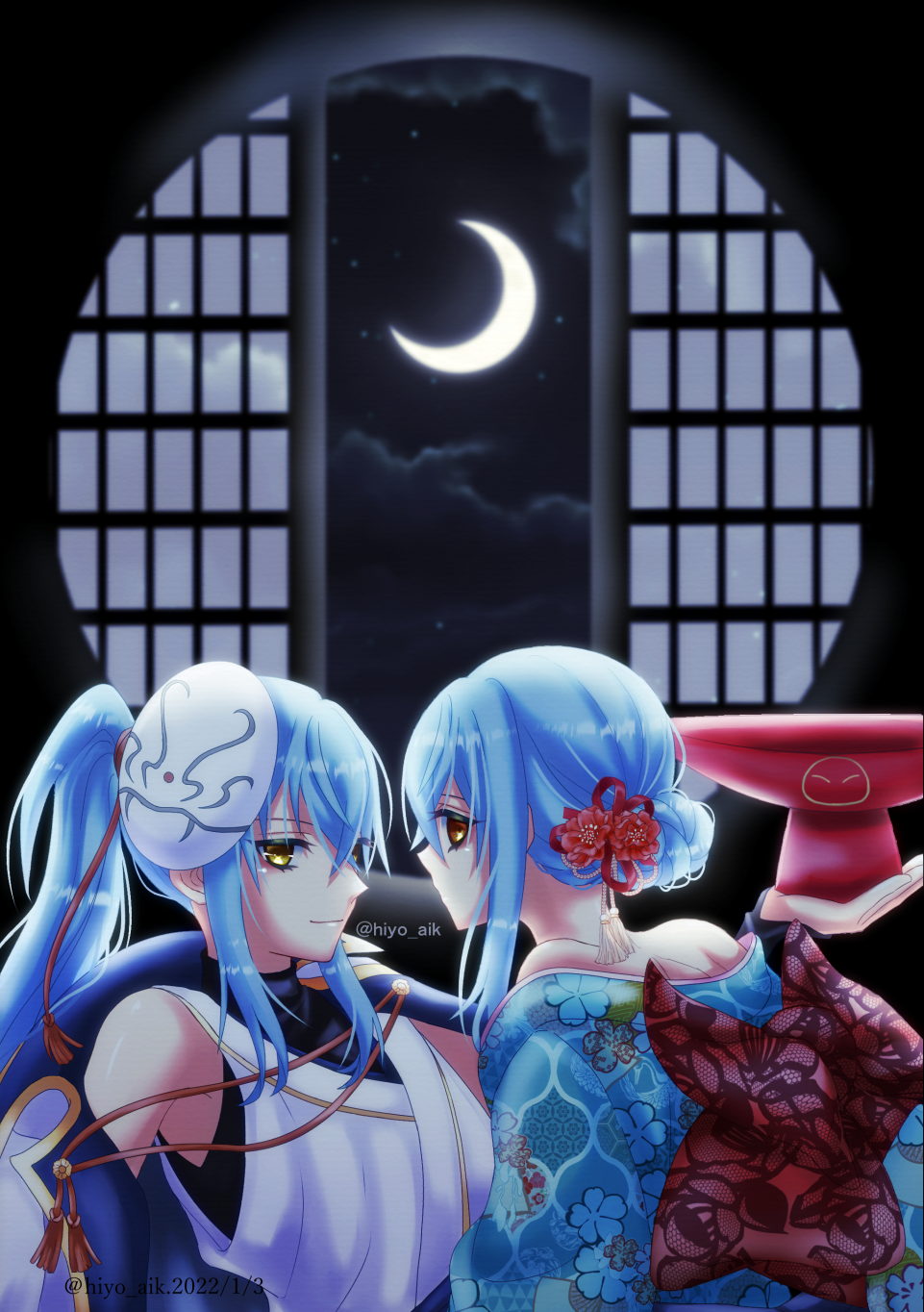 2others, blue_hair, blue_kimono, ciel_(tensura), floral_print, highres, hiyo_(monstarpinkcat), japanese_clothes