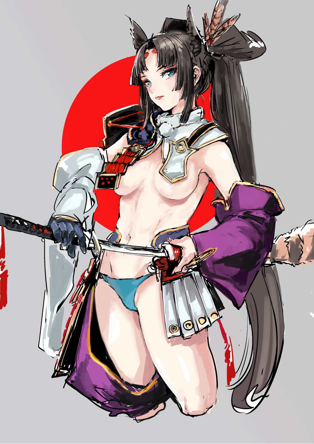 1girl, aqua_panties, armor, asymmetrical_clothes, asymmetrical_sleeves, bare_shoulders, bikini, bikini_bottom_only