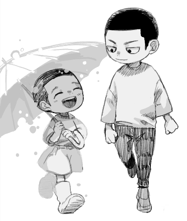 2boys, aged_down, blush, boots, brothers, buzz_cut, child, dandadan, kupi, lowres, monochrome, multiple_boys, short_hair, siblings, smile, umbrella, very_short_hair, white_background, zuma_futa, zuma_unji