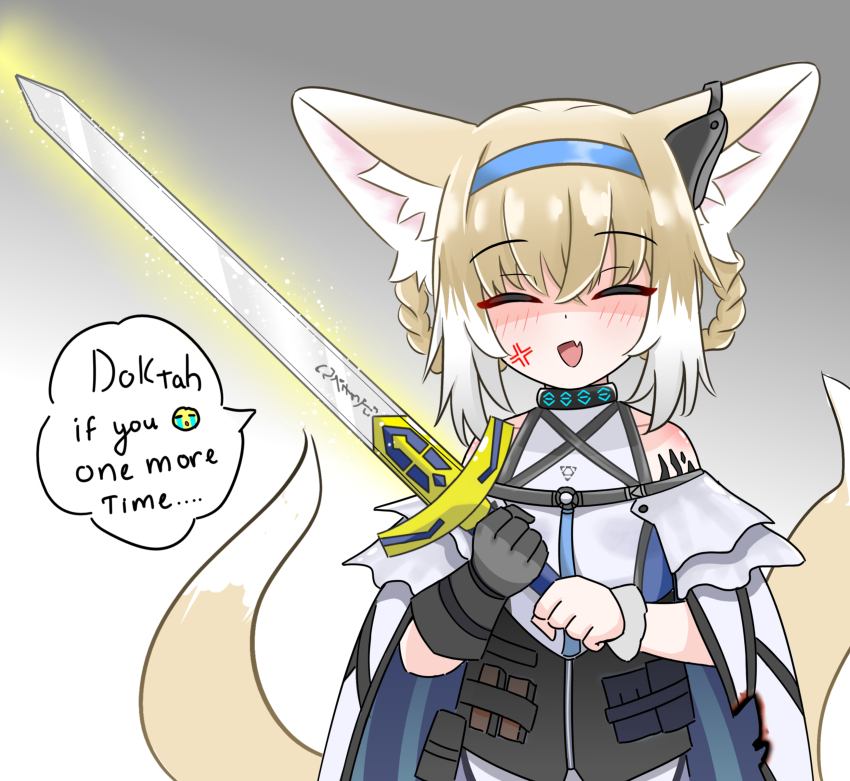 1girl, absurdres, anger_vein, animal_ear_fluff, animal_ears, arknights, blonde_hair, blue_hairband
