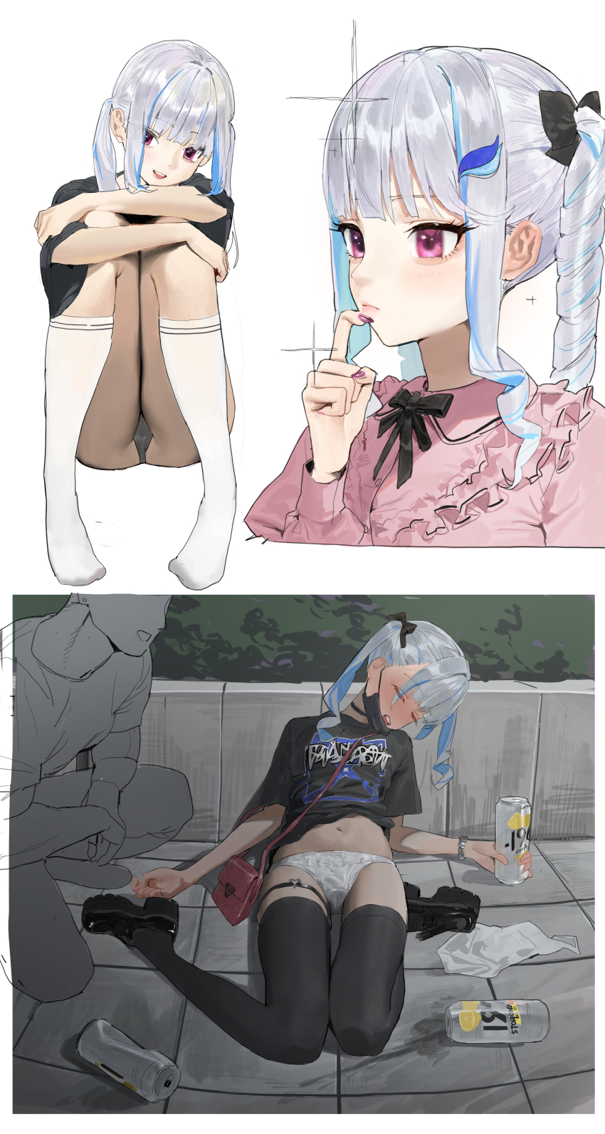 1boy, 1girl, absurdres, bag, black_choker, black_footwear, black_mask, black_panties